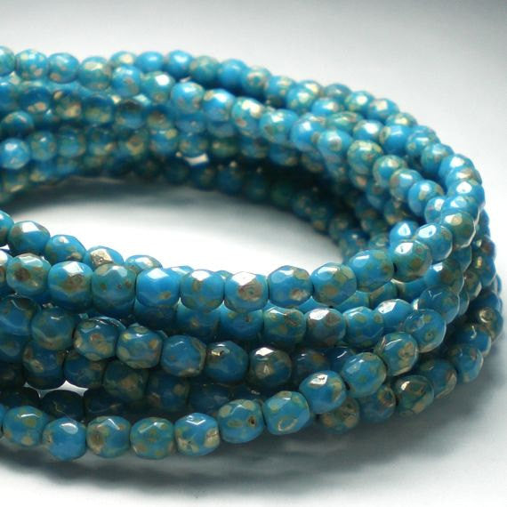 Blue and Silver Picasso Czech Glass Fire Polished 4mm Faceted Round Beads 50 pcs. 4mm/164