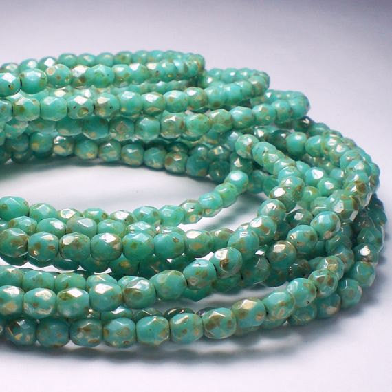 Turquoise Green and Silver Picasso Czech Glass Fire Polished 4mm Faceted Round Beads 50 pcs. 4mm/163