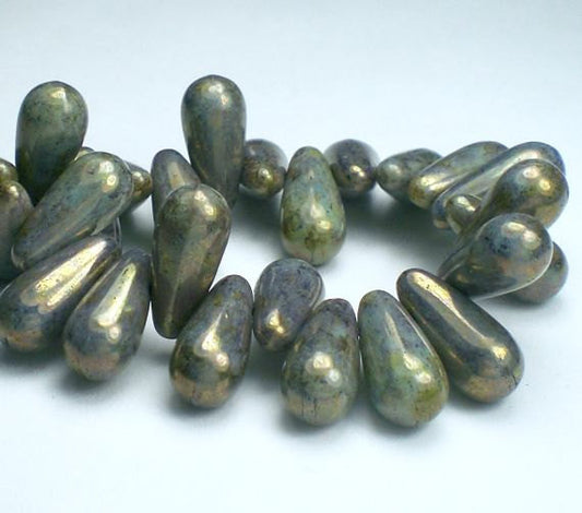 Turquoise with Bronze Gold Picasso Czech Glass 13mm Faceted Drop Beads 25 pcs. D-0003