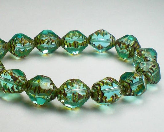 Picasso Czech Glass Beads 10mm Carved Bicone Blue Green Aqua Bead 10 Pcs. B-171