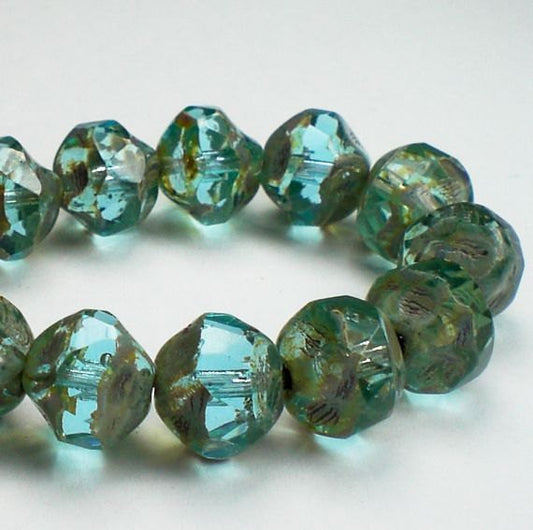 Aqua Blue Transparent Czech Glass Beads Picasso 8mm Central Cut 15 Pcs. CC-029