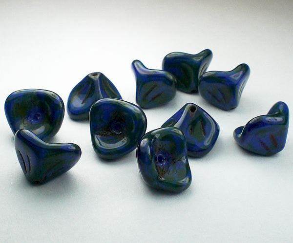 Picasso Czech Glass Flower Beads Large 12mm Blue and Green Three Petal Flowers 10 Pcs. F-135