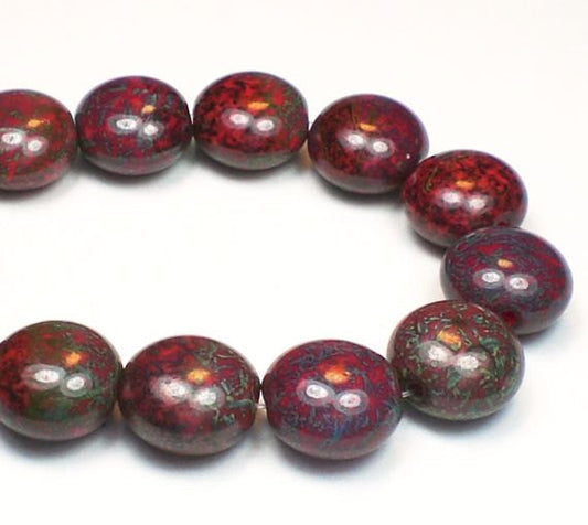 Picasso Czech Glass Beads 10mm Red Lentil Blue and Green Finish 15 Pcs. L-020