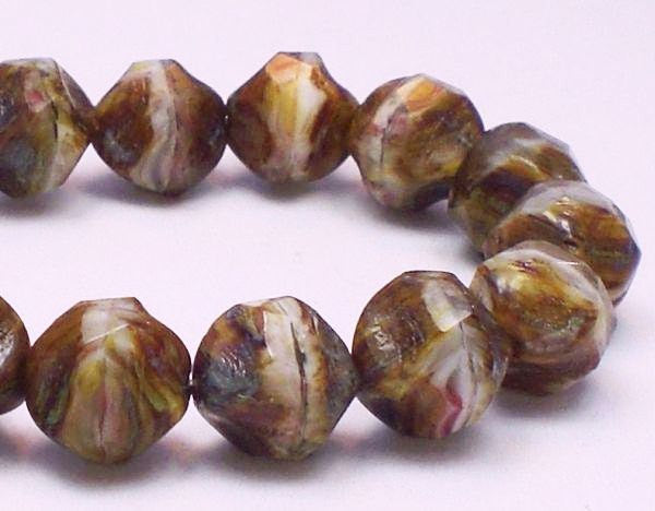 9mm Light  Brown, White and Tan Picasso Czech Glass Beads Central Cut 10 Pcs. CC-052