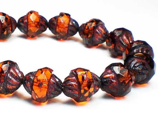 Dark Amber Twisted Turbine Bead Picasso Czech Glass Beads 11x10mm 10 Pcs. T-026
