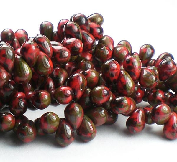 6mm Czech Glass Drop Beads Coral Red with Green Picasso 50 pcs. D-042 - Royal Metals Jewelry Supply