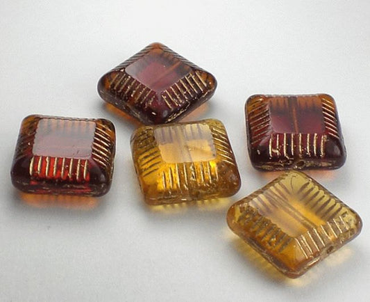 Amber Carved Square Beads Picasso Czech Glass Beads 5 Pcs. CS-028