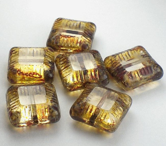 Picasso Czech Glass Beads Amber Carved Square Beads 6 Pcs. CS-027