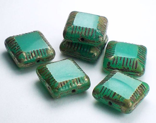 Green Aqua Carved Square Beads Picasso Czech Glass Beads 6 Pcs. CS-040