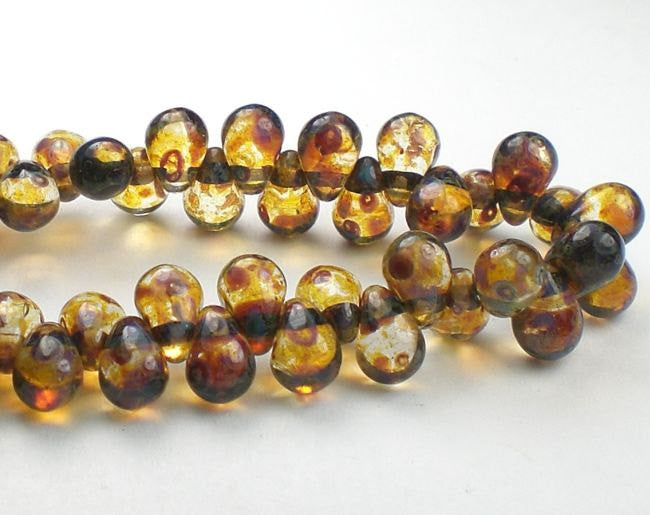 Czech Glass Drop Beads 9mm Clear with Amber Picasso 50 pcs. D-030