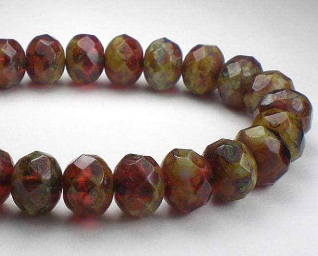 Picasso Czech Glass Beads 6 x 8mm Red Amber and Green Rondelle Bead 10 Pcs. RON8-1024