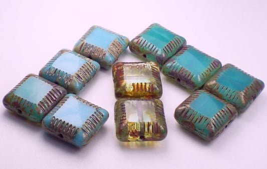 Sky Blue, Aqua and Light Blue Carved Square Beads Picasso Czech Glass Beads 10 Pcs. CS-084