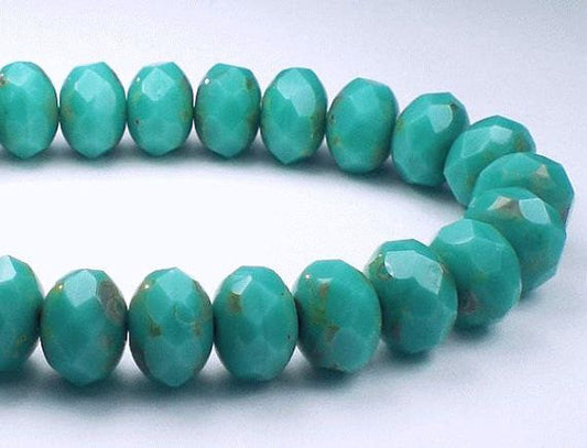 Turquoise Picasso Czech Glass Beads 6 x 8mm Blue Green Faceted Rondelle Beads 10 Pcs. RON8-010