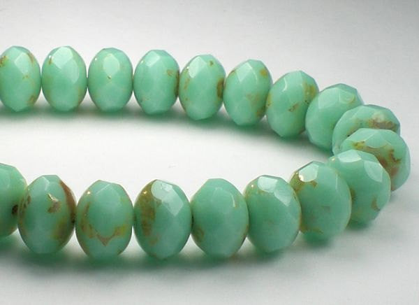 Green Mint Turquoise Picasso Czech Glass Beads 6 x 8mm Faceted Rondelle Beads 10 Pcs. RON8-049