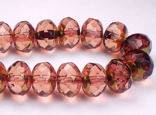 Large 10x8mm Czech Glass Beads Peach with a Brass Finish Faceted Rondelles 10 Pcs. RON10-009 (8x10)