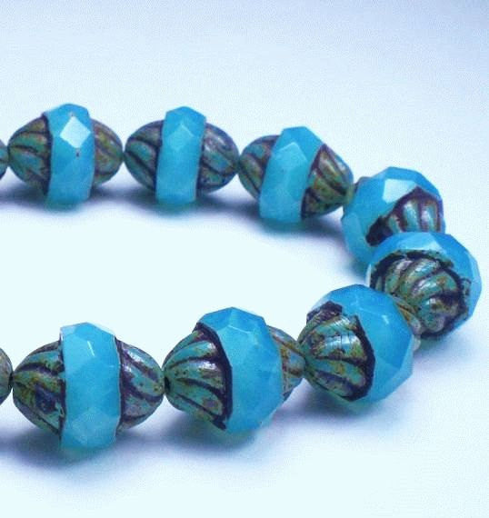 Blue Opalite Twisted Turbine Bead Picasso Czech Glass Beads 11x10mm Faceted 10 pcs. T-1004