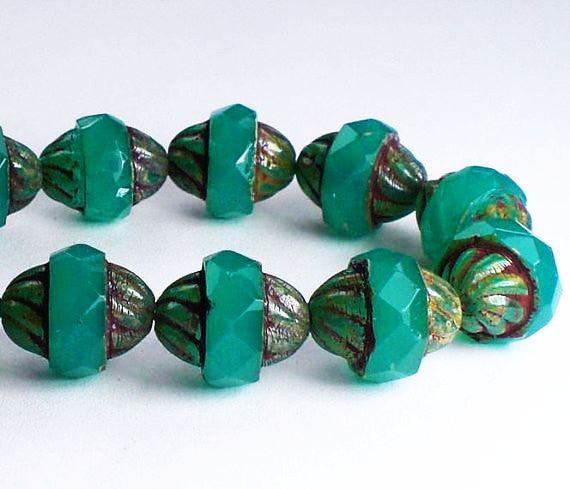 Green Teal Jade Twisted Turbine Bead Picasso Czech Glass Beads 11x10mm Faceted 10 pcs. T-0012
