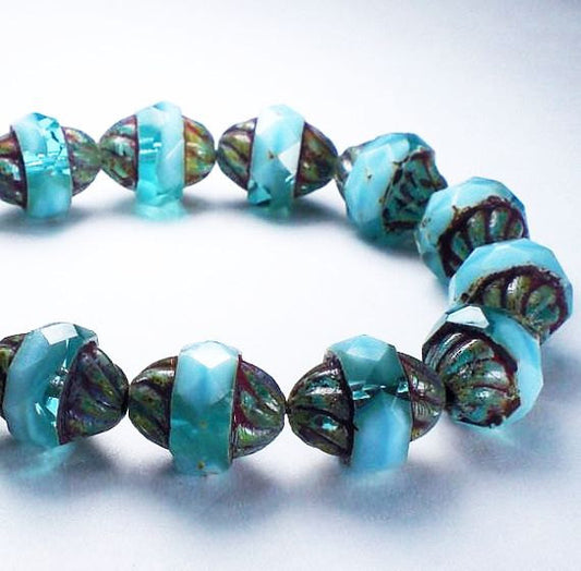 Variegated Blue Turbine Bead, Picasso Czech Glass Beads, Blue Fire Polished Faceted Beads, Bicone Beads T-1002