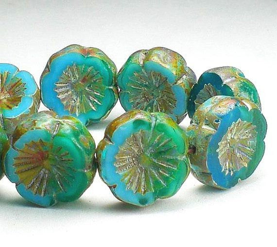15mm Mixed Blue Carved Hawaiian Flower Picasso Czech Glass Beads Picasso Czech Glass Finish 10 pcs. - Royal Metals Jewelry Supply