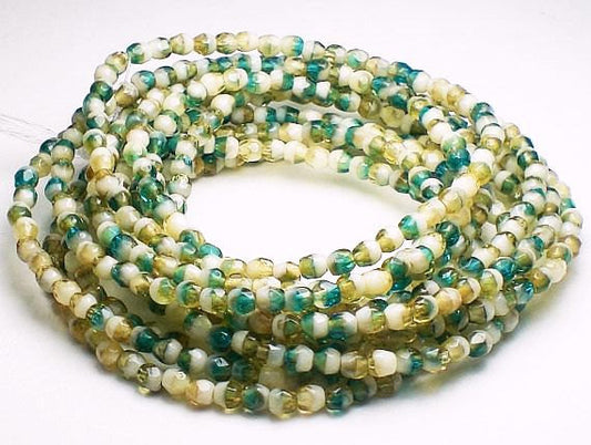 Blue, Green Tan and Ivory White Czech Glass Fire Polished 3mm Faceted Round Beads 100 pcs. 3mm/053
