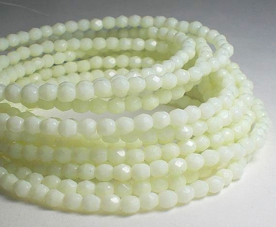 Palest Lime Green White Czech Glass Beads Lightest Green Green Opaque Fire Polished Beads 100 ps. 4mm/106