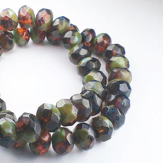 Picasso Czech Glass Beads 6 x 8mm Amber with Green and Blue Picasso Finish Rondelles 10 Pcs. RON8-205