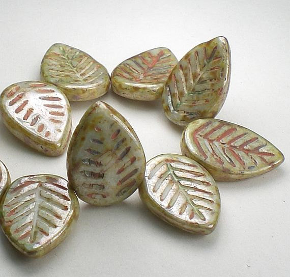 Czech Glass Leaf Beads 16mm Green Grey Leaves with Orange and Green Picasso Finish 8  pcs. L-322