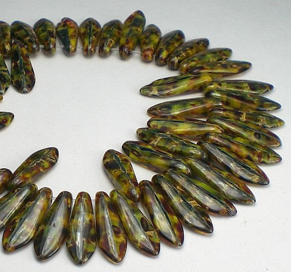 Tortoise Shell Dagger Beads 15mm Czech Glass Beads Camouflaged Picasso Finish 50 pcs. D-820