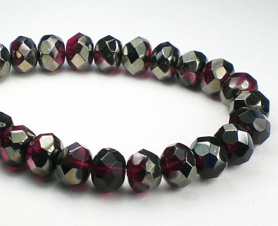 Deep Cherry Pink Metallic Czech Glass Beads 6 x 8mm Faceted Rondelles 10 Pcs. RON8-663