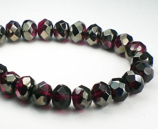 Deep Cherry Pink Metallic Czech Glass Beads 6 x 8mm Faceted Rondelles 10 Pcs. RON8-663