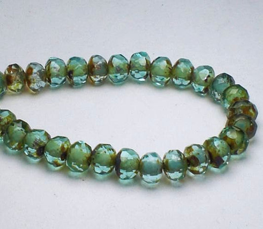 Picasso Czech Glass Beads 3 x 5mm Faceted Aqua Blue Rondelles Amber Picasso 30 Pieces RON5-516