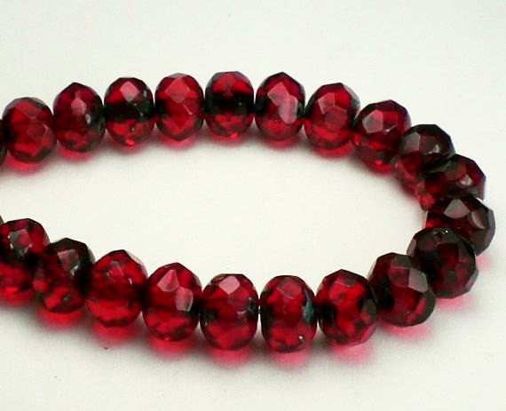 15 Picasso Czech Glass Beads Faceted Rondelle Red 6mm x 4mm Ruby Red with Blue Finish 720 - Royal Metals Jewelry Supply