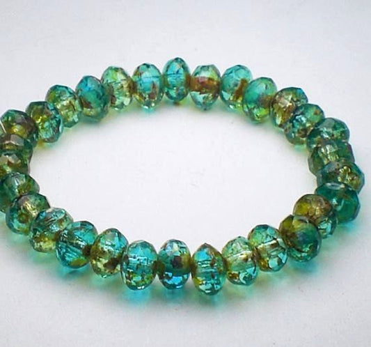 Picasso Czech Glass Beads 3 x 5mm Faceted Aqua Blue Rondelles Amber Picasso 30 Pieces RON5-517