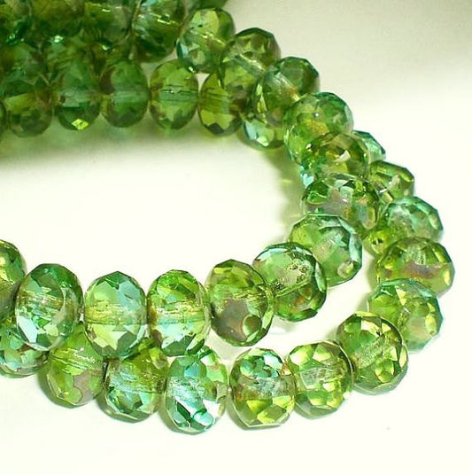Picasso Czech Glass Beads 6 x 8mm Green and Aqua Blue Faceted Rondelles 10 Pcs. RON8-148