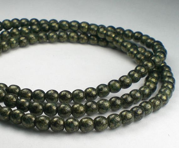 Green Bronze Picasso Czech Glass Druk Bead 4mm Round Beads 100 pcs. D4/069