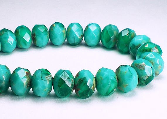Emerald Green and Turquoise Picasso Czech Glass Beads 6 x 8mm Faceted Rondelles 10 Pcs. RON8-589