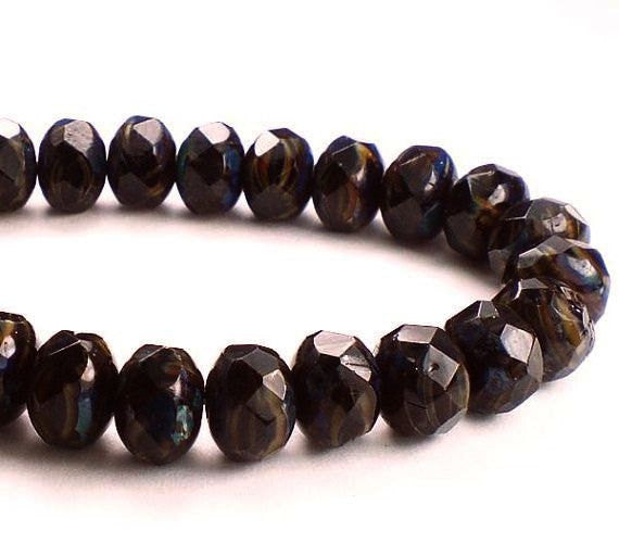 Tiger Eye Deep Brown Picasso Czech Glass Beads 6 x 8mm Faceted Rondelle 10 Pcs. RON8-034A