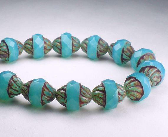 Turquoise Opalite Twisted Turbine Bead Picasso Czech Glass Beads 11x10mm Faceted 10 pcs. T-1006
