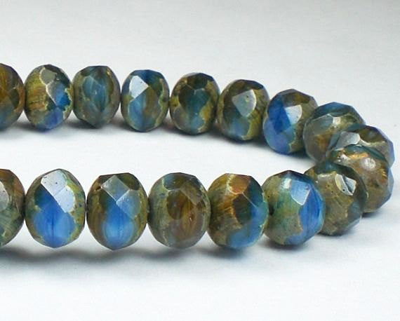 Picasso Czech Glass Beads 6 x 8mm Sky Blue and Faceted Rondelle Bead 10 Pcs. RON8-136