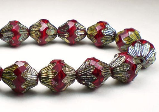 Picasso Czech Glass Beads Baroque Bicone Red Czech Glass 13 x 12mm 6 Pcs. BB-688