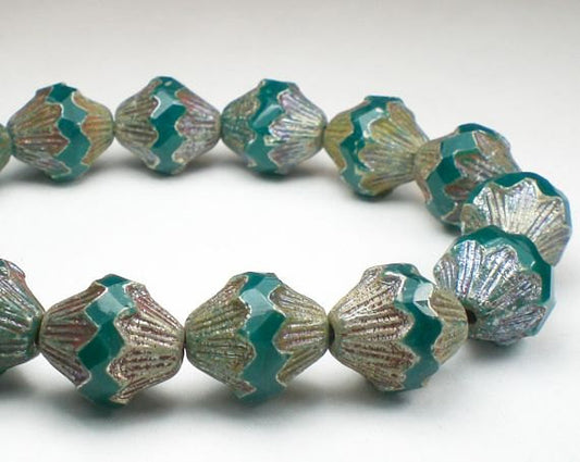 Picasso Czech Glass Beads Baroque Bicone Emerald Teal Green Czech Glass 13 x 12mm 6 Pcs. BB-1035