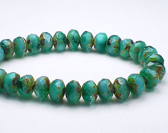 Faceted Picasso Czech Glass Beads 3 x 5mm Sky Blue and Emerald Green Rondelles Amber Picasso 30 Pieces 3x5 RON5-386