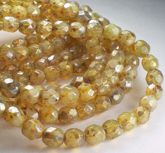 6mm Opal Champagne Picasso Czech Glass Fire Polished Faceted Round Beads 30 pcs. 6mm/156 - Royal Metals Jewelry Supply