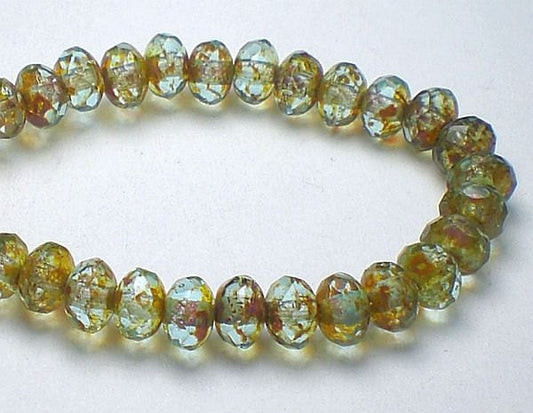 Czech Glass Beads 3 x 5mm Faceted Aqua Blue Olive Picasso Finish Rondelles 30 Pieces RON5-022