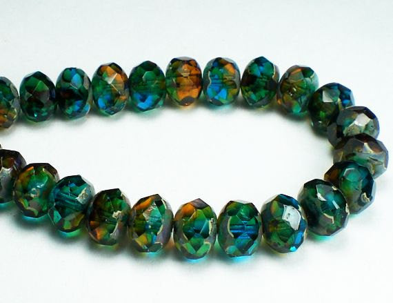 Picasso Czech Glass Beads 8mm Capri Blue and Amber Faceted Rondelle Beads 10 Pcs. RON8-051