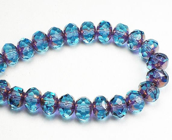 Czech Glass Beads 4x6mm Aqua Blue with Picasso Faceted Rondelles 15 Pcs. RON6-604