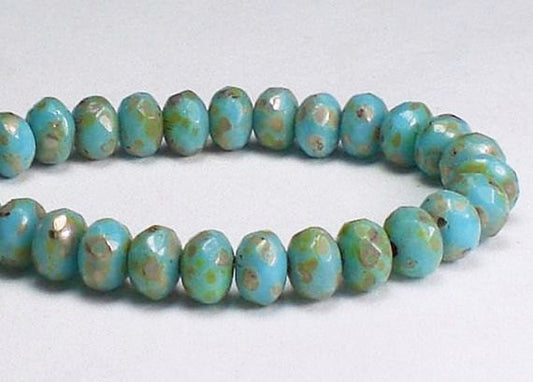 Czech Glass Beads Faceted Sky Blue Gold Picasso Finish Rondelles 3 x 5mm 30 Pcs. RON5-004