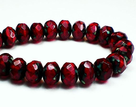 Ruby Red Picasso Czech Glass Beads Faceted Rondelle 6mm x 8mm Green Finish 10 pcs. RON8-681