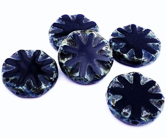 18mm Jet Black Picasso Czech Glass Beads Carved Coin Beads with Green and Blue Picasso 5 pcs. C-100 - Royal Metals Jewelry Supply