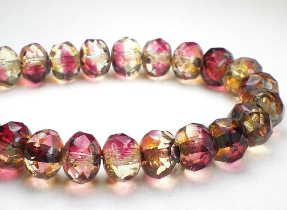 Picasso Czech Glass Beads 6 x 8mm Pale Gold Yellow and Pink Fuchsia Faceted Rondelles 10 Pcs. RON8-1037